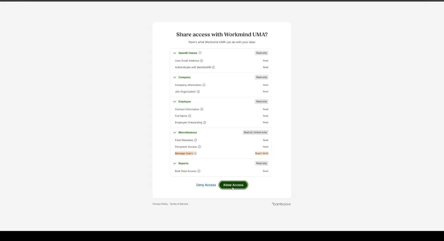 Authorize WorkMind to access BambooHR