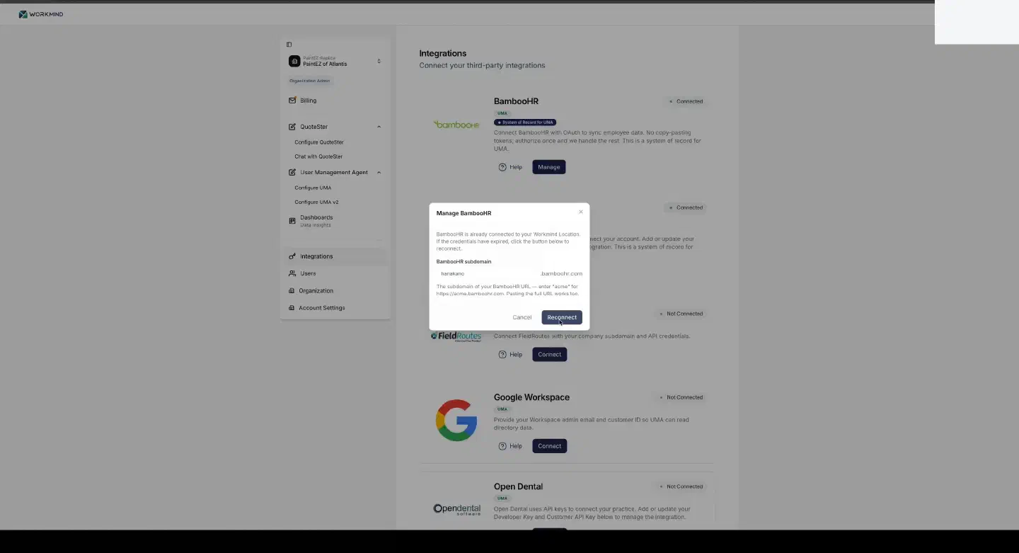 Enter the BambooHR account address in WorkMind