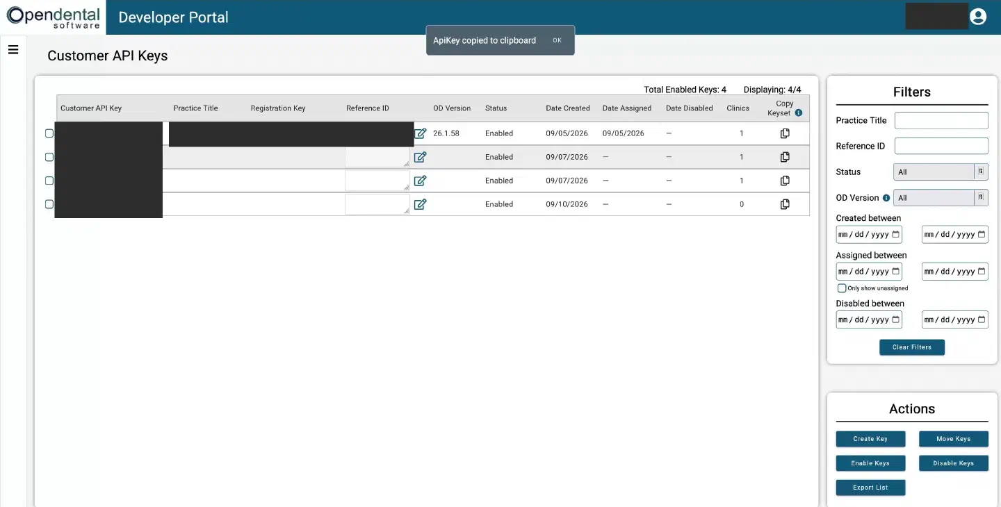 Create a practice-specific Customer API Key
