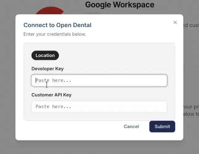 Review the Open Dental connection fields in WorkMind