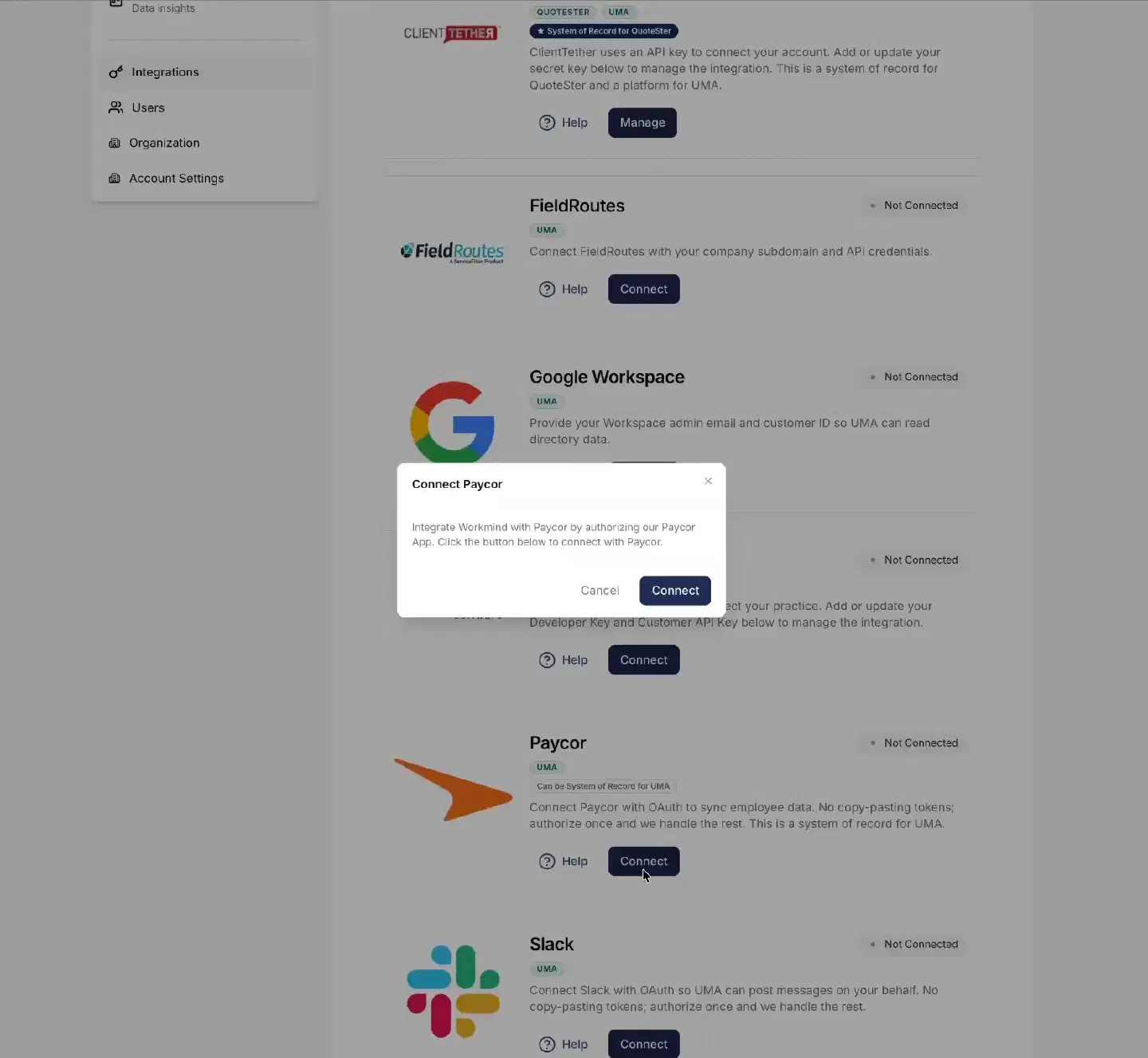 Start the Paycor connection in WorkMind
