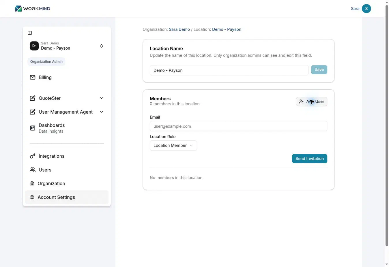 Add a user to the selected location