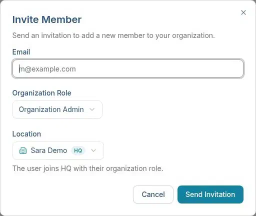 Open an organization invitation and review the displayed HQ account