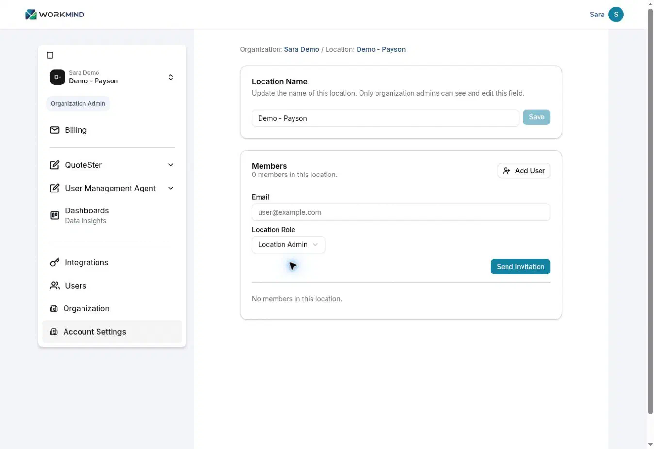 Review the location administrator invitation before sending
